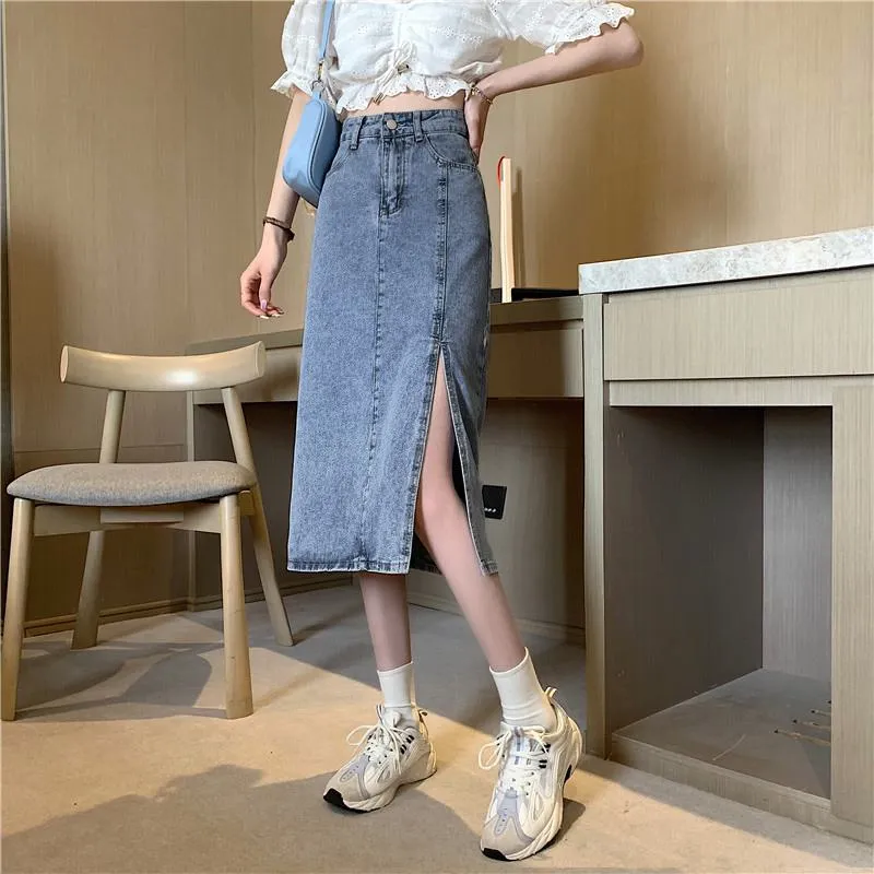 A-Line High Waist Split Hem Denim Skirt