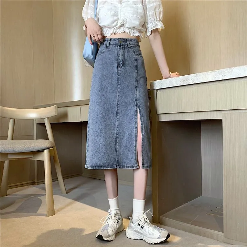 A-Line High Waist Split Hem Denim Skirt