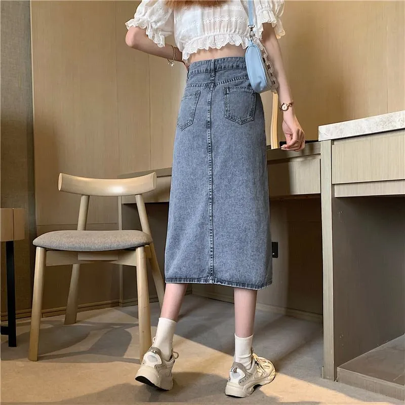 A-Line High Waist Split Hem Denim Skirt