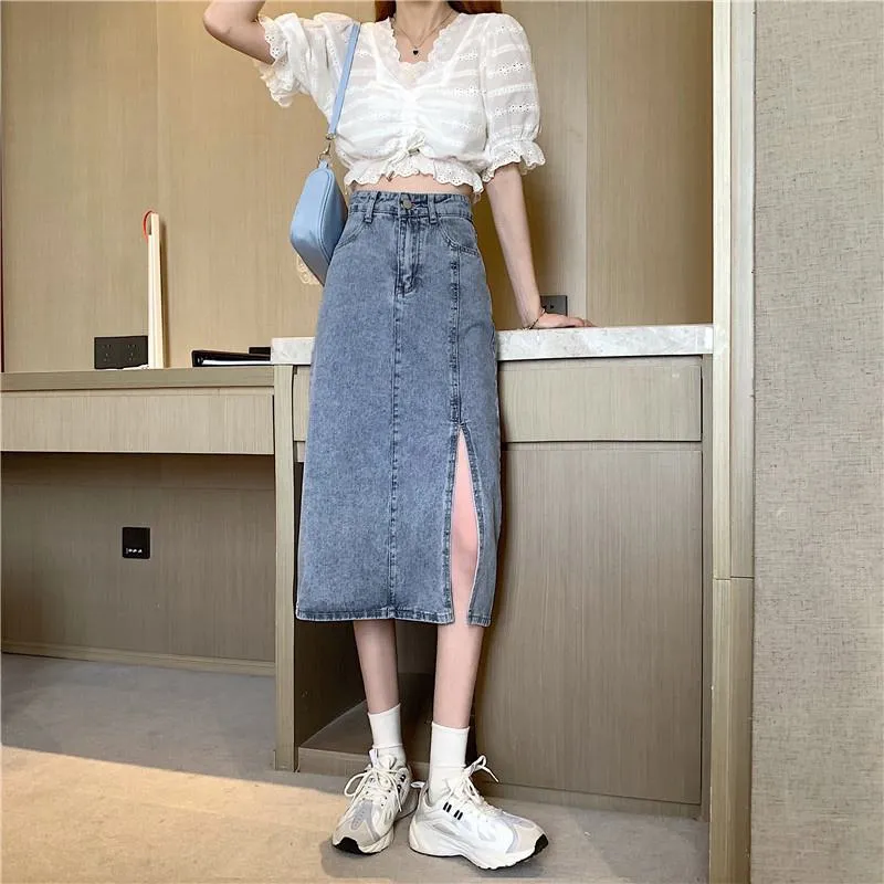 A-Line High Waist Split Hem Denim Skirt