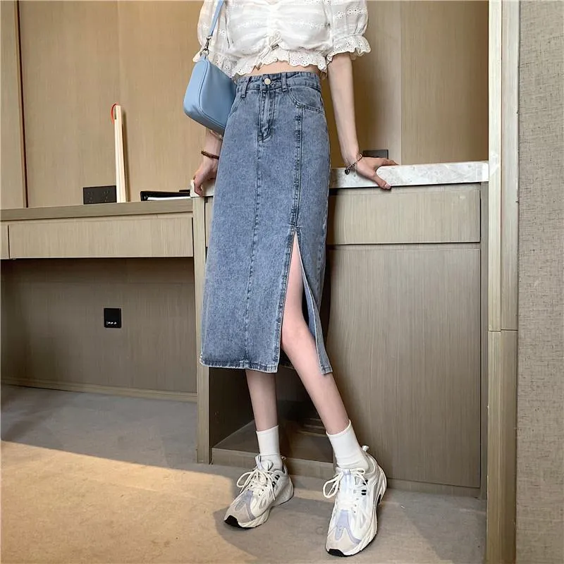 A-Line High Waist Split Hem Denim Skirt