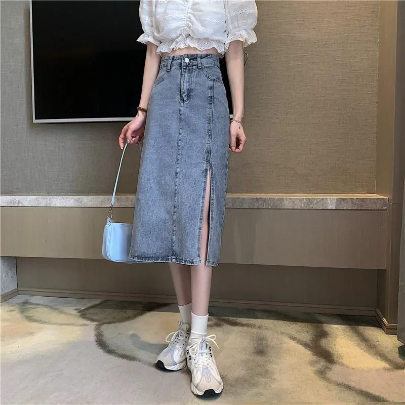 A-Line High Waist Split Hem Denim Skirt