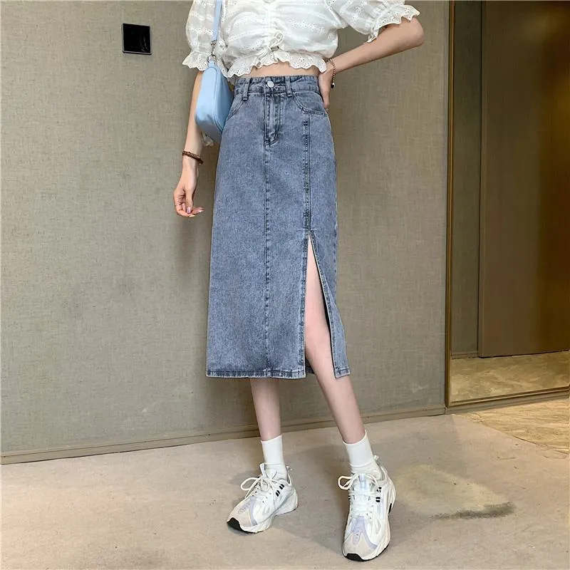 A-Line High Waist Split Hem Denim Skirt