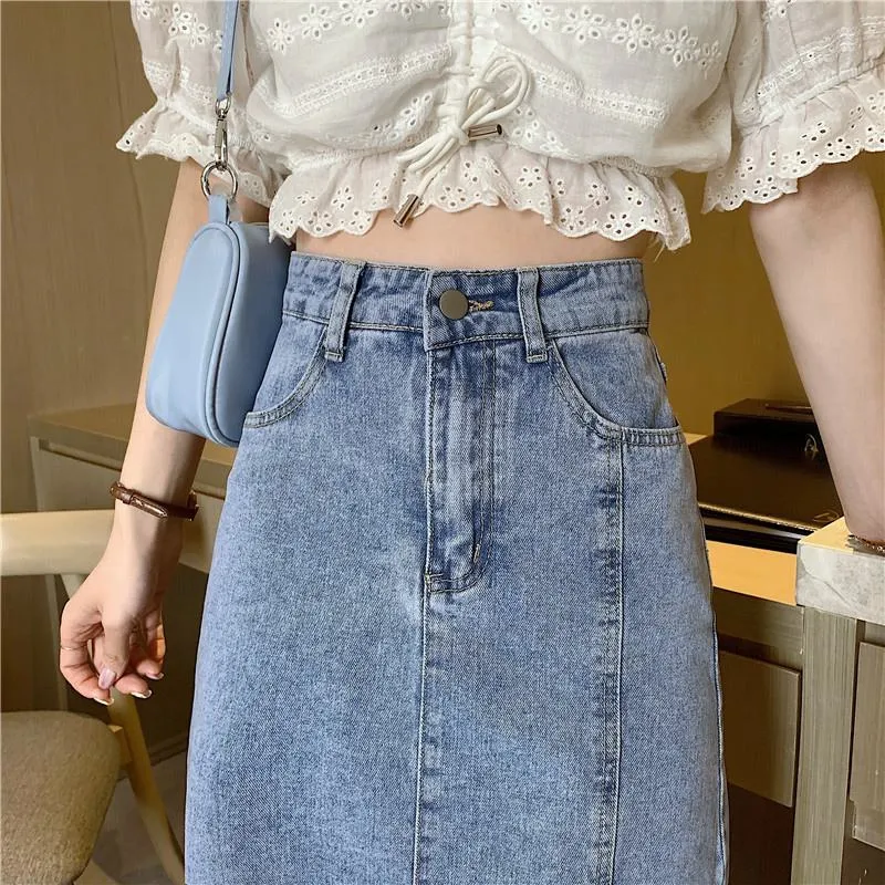 A-Line High Waist Split Hem Denim Skirt