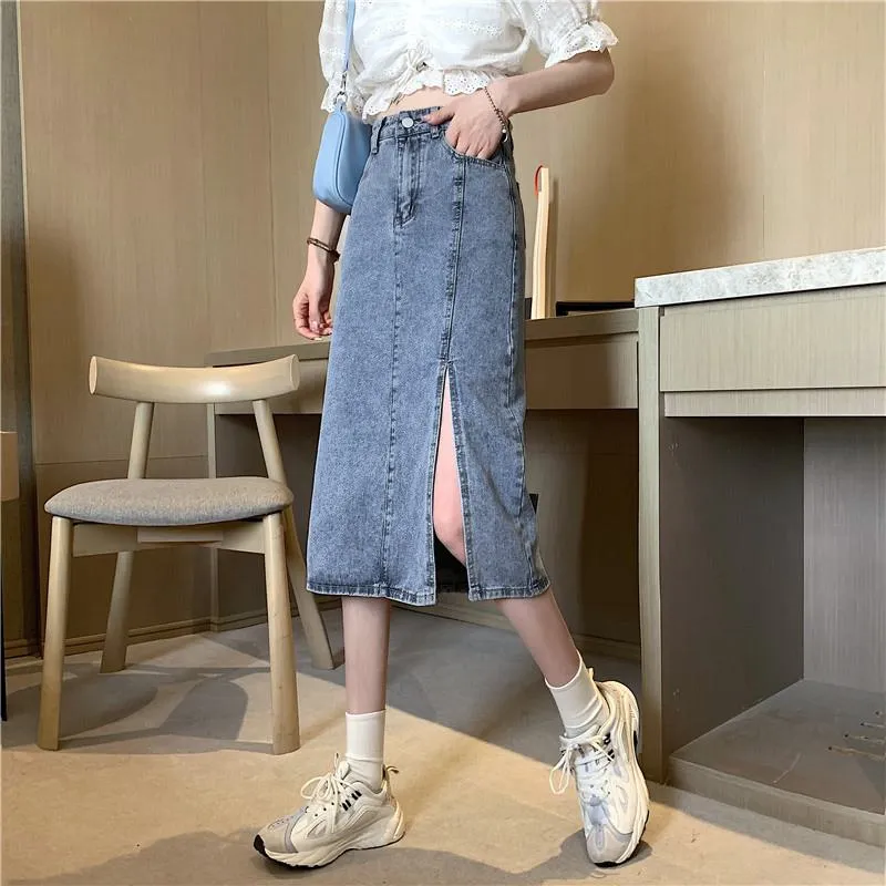 A-Line High Waist Split Hem Denim Skirt