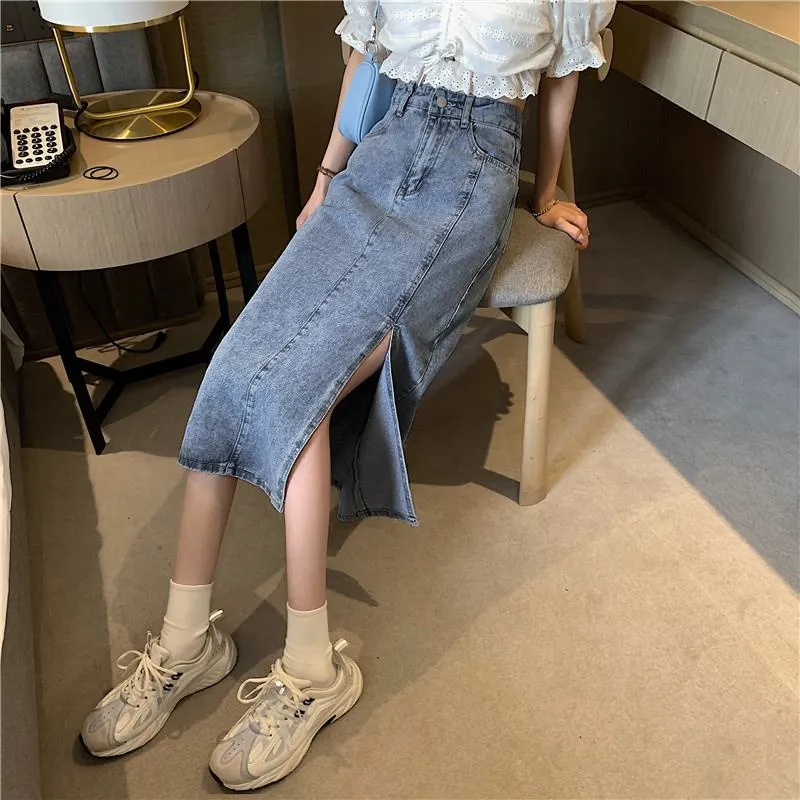 A-Line High Waist Split Hem Denim Skirt
