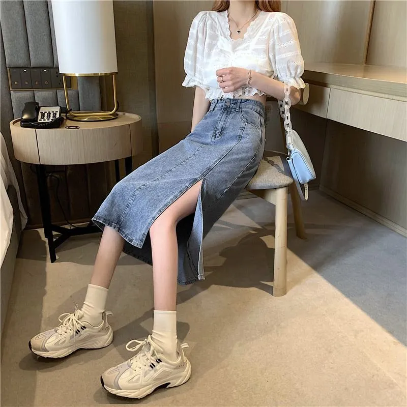 A-Line High Waist Split Hem Denim Skirt