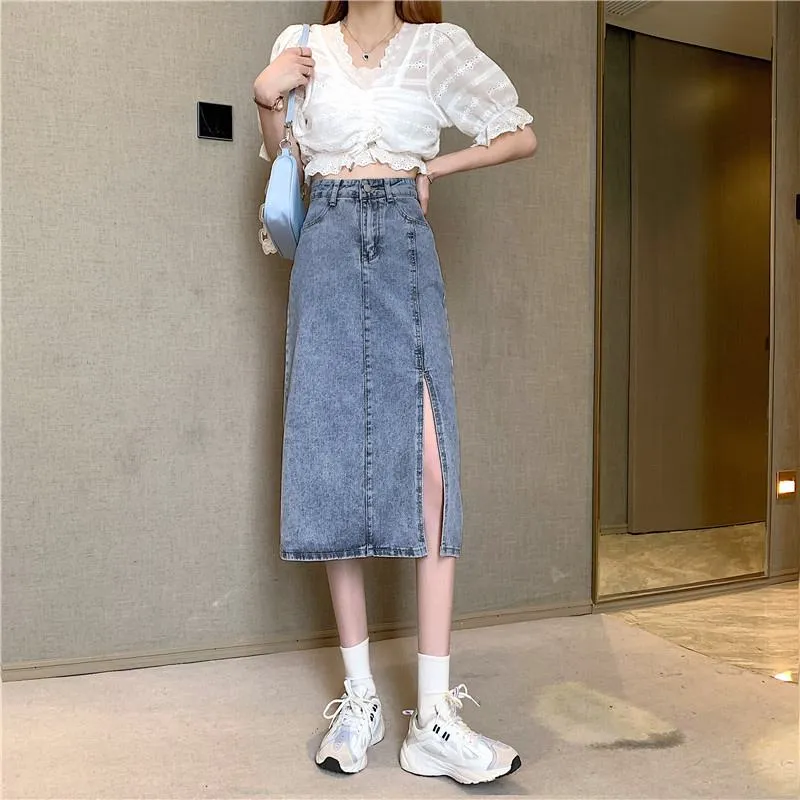 A-Line High Waist Split Hem Denim Skirt