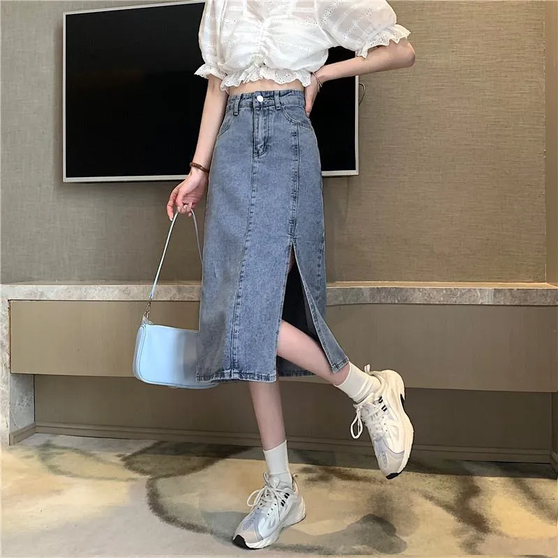 A-Line High Waist Split Hem Denim Skirt