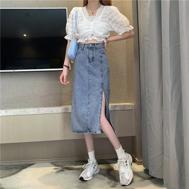 A-Line High Waist Split Hem Denim Skirt
