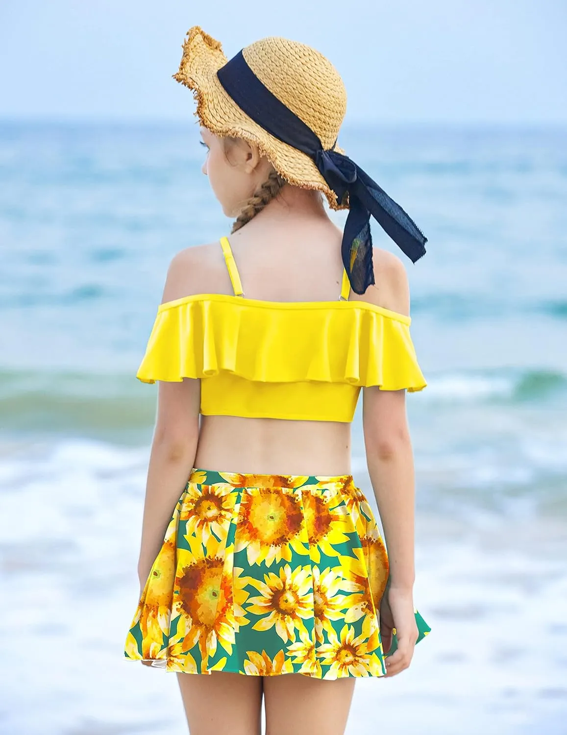 Arshiner 3 Piece Tween Girls Swimsuit Ruffle Sleeve Athletic Tankini Sport Swimwear with Swimming Skirt