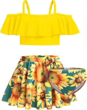 Arshiner 3 Piece Tween Girls Swimsuit Ruffle Sleeve Athletic Tankini Sport Swimwear with Swimming Skirt