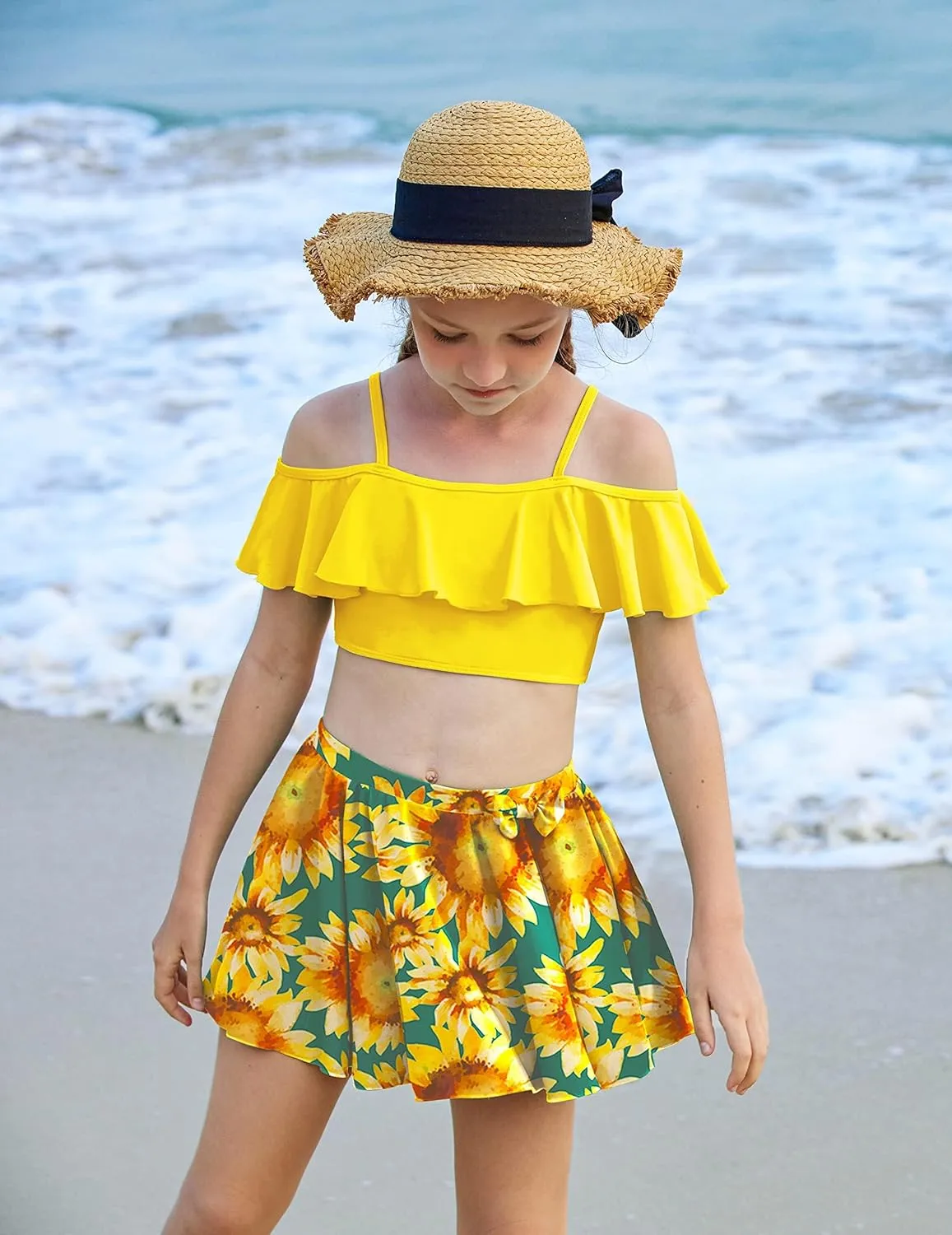 Arshiner 3 Piece Tween Girls Swimsuit Ruffle Sleeve Athletic Tankini Sport Swimwear with Swimming Skirt
