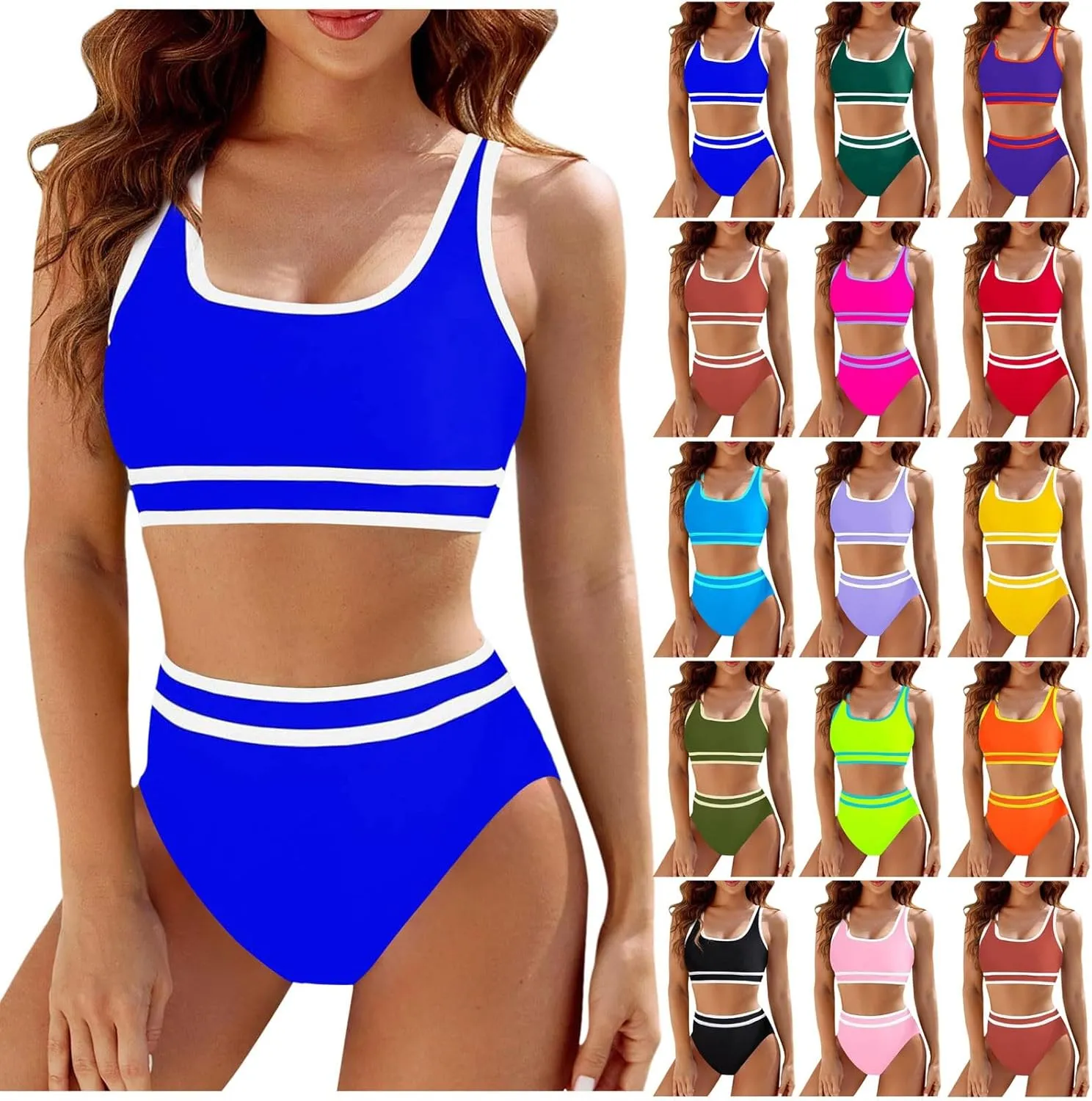 Bikini Sets for Women High Waisted Bikini Sets Sporty Two Piece Swimsuits Color Block Cheeky High Cut Bathing Suits