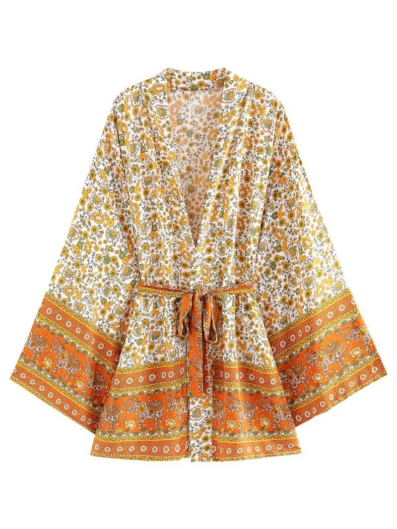 Birthday Party Wear Floral Print Yellow Cotton Short Length Gown Robe Kimono Duster Robe