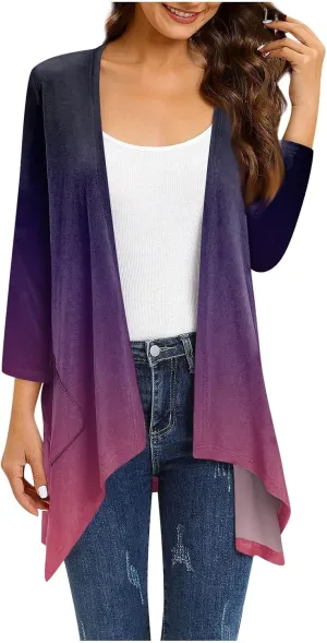 Bomber Jacket Women 3/4 Length Sleeve Draped Long Duster Lightweight Summer Cardigan Gradient Versatile Bolero Shrugs