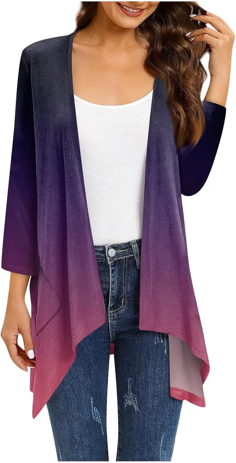 Bomber Jacket Women 3/4 Length Sleeve Draped Long Duster Lightweight Summer Cardigan Gradient Versatile Bolero Shrugs