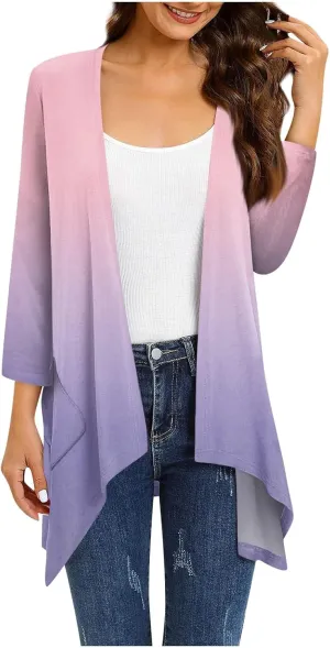 Bomber Jacket Women 3/4 Length Sleeve Draped Long Duster Lightweight Summer Cardigan Gradient Versatile Bolero Shrugs