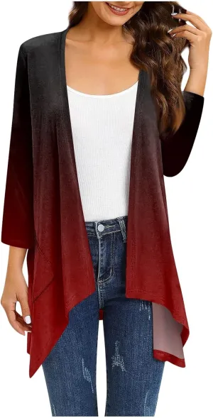 Bomber Jacket Women 3/4 Length Sleeve Draped Long Duster Lightweight Summer Cardigan Gradient Versatile Bolero Shrugs