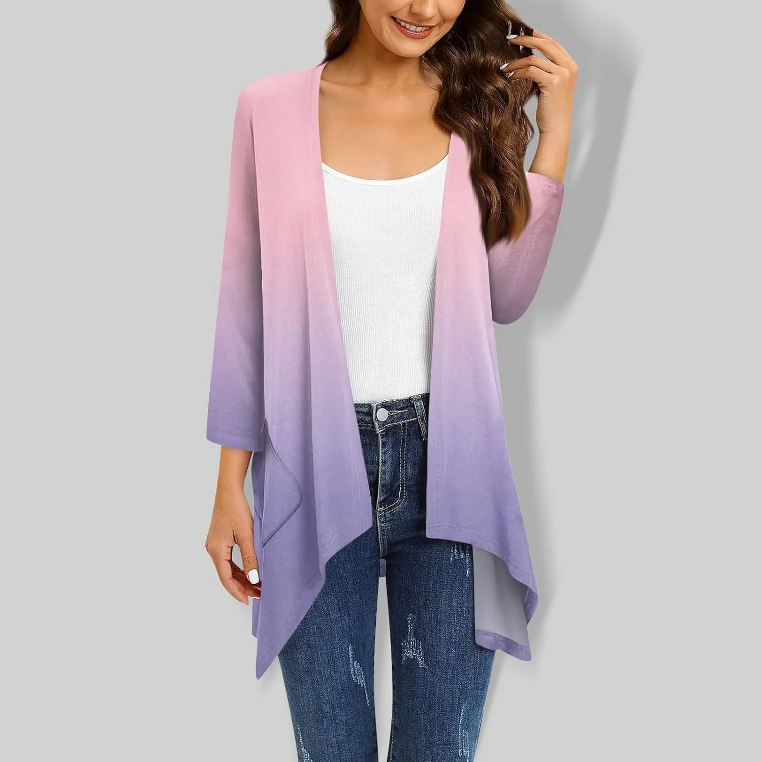 Bomber Jacket Women 3/4 Length Sleeve Draped Long Duster Lightweight Summer Cardigan Gradient Versatile Bolero Shrugs