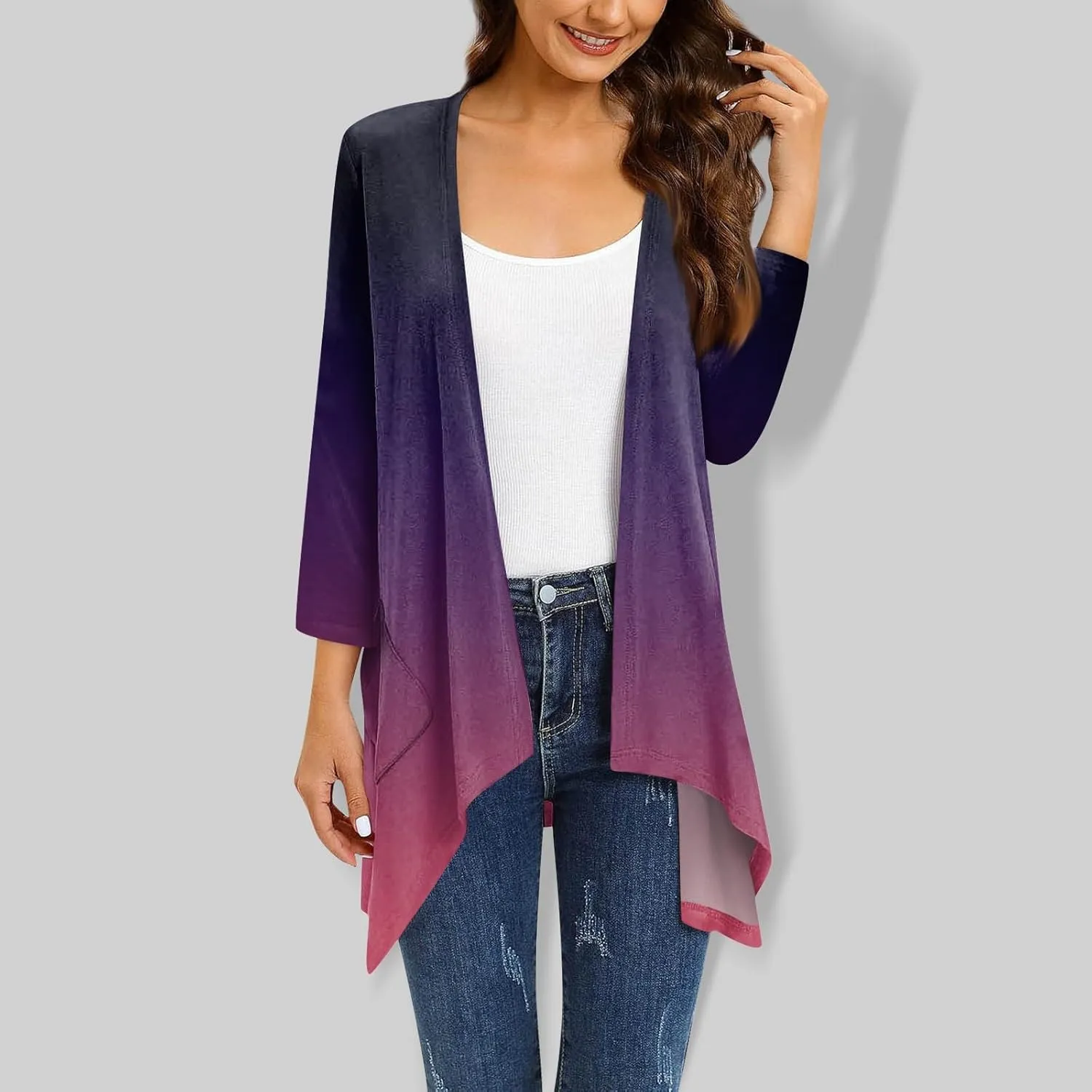 Bomber Jacket Women 3/4 Length Sleeve Draped Long Duster Lightweight Summer Cardigan Gradient Versatile Bolero Shrugs
