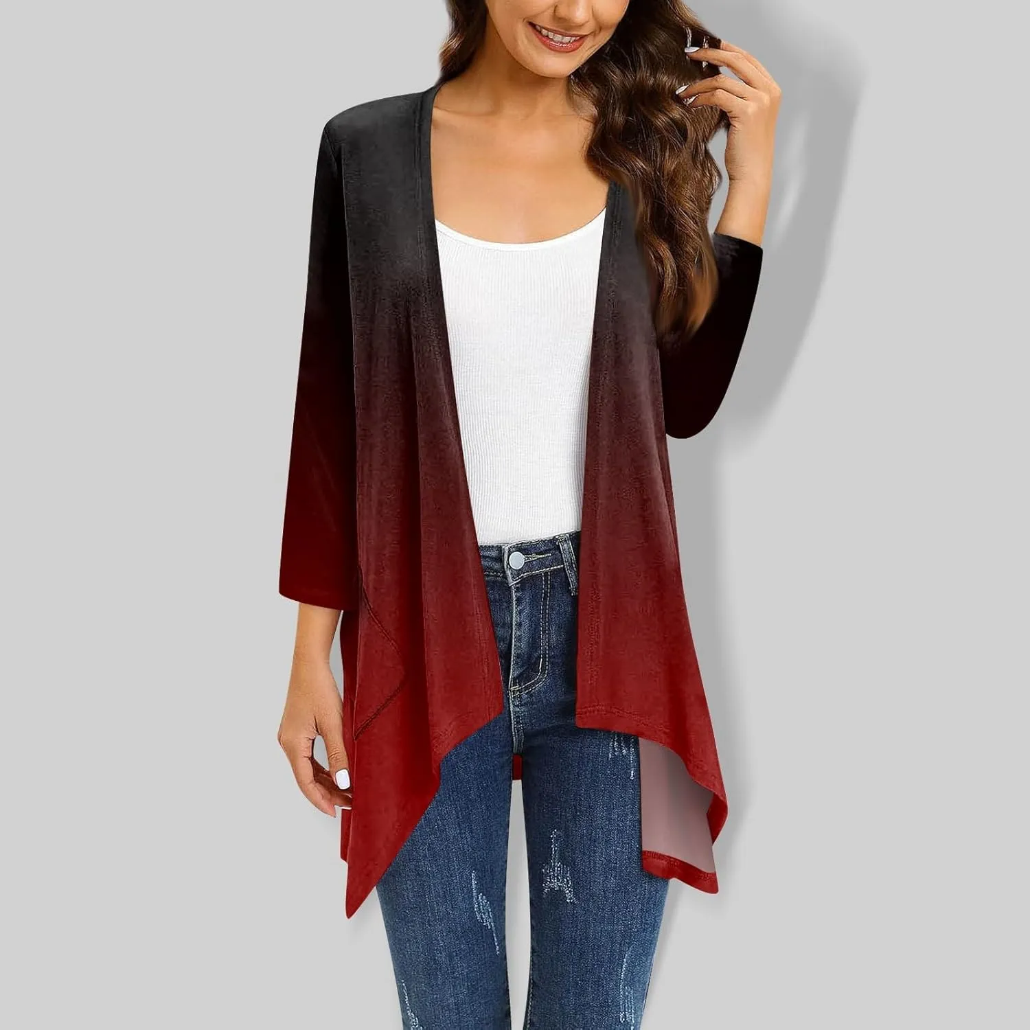Bomber Jacket Women 3/4 Length Sleeve Draped Long Duster Lightweight Summer Cardigan Gradient Versatile Bolero Shrugs