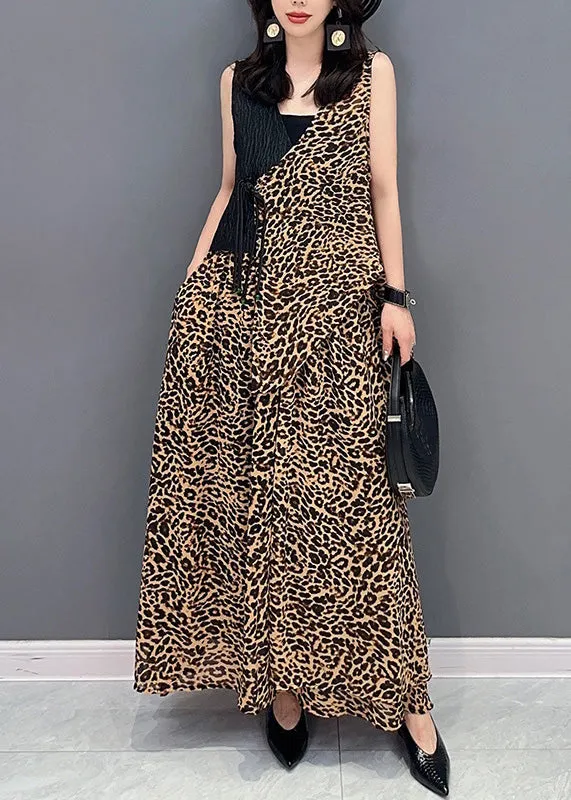 Elegant Leopard Tie Waist Top And Maxi Skirts Two Pieces Set Summer LY4370