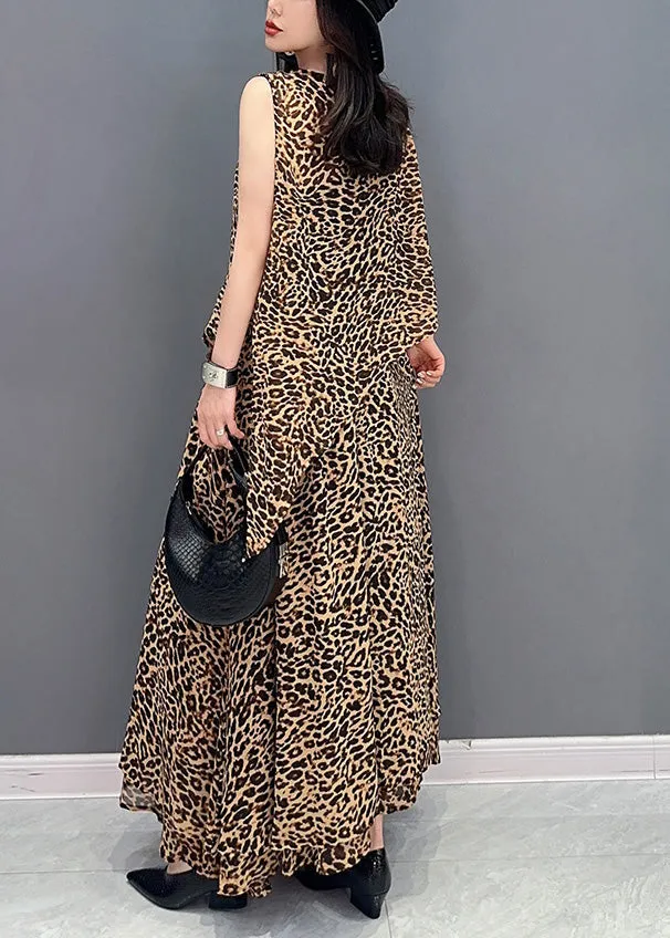 Elegant Leopard Tie Waist Top And Maxi Skirts Two Pieces Set Summer LY4370