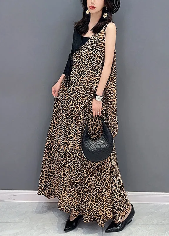 Elegant Leopard Tie Waist Top And Maxi Skirts Two Pieces Set Summer LY4370