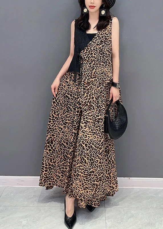 Elegant Leopard Tie Waist Top And Maxi Skirts Two Pieces Set Summer LY4370