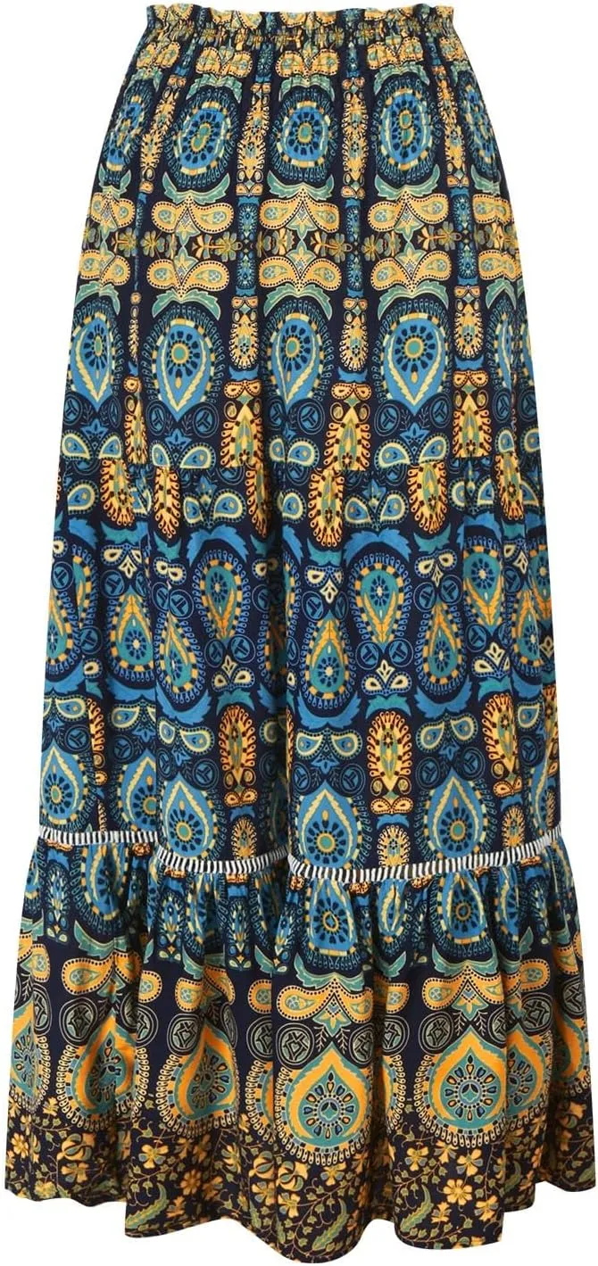 Floral Boho Maxi Skirt for Women Summer Flowy Long Skirt Comfy Pleated Vacation Beach Color Block A-Line Skirts