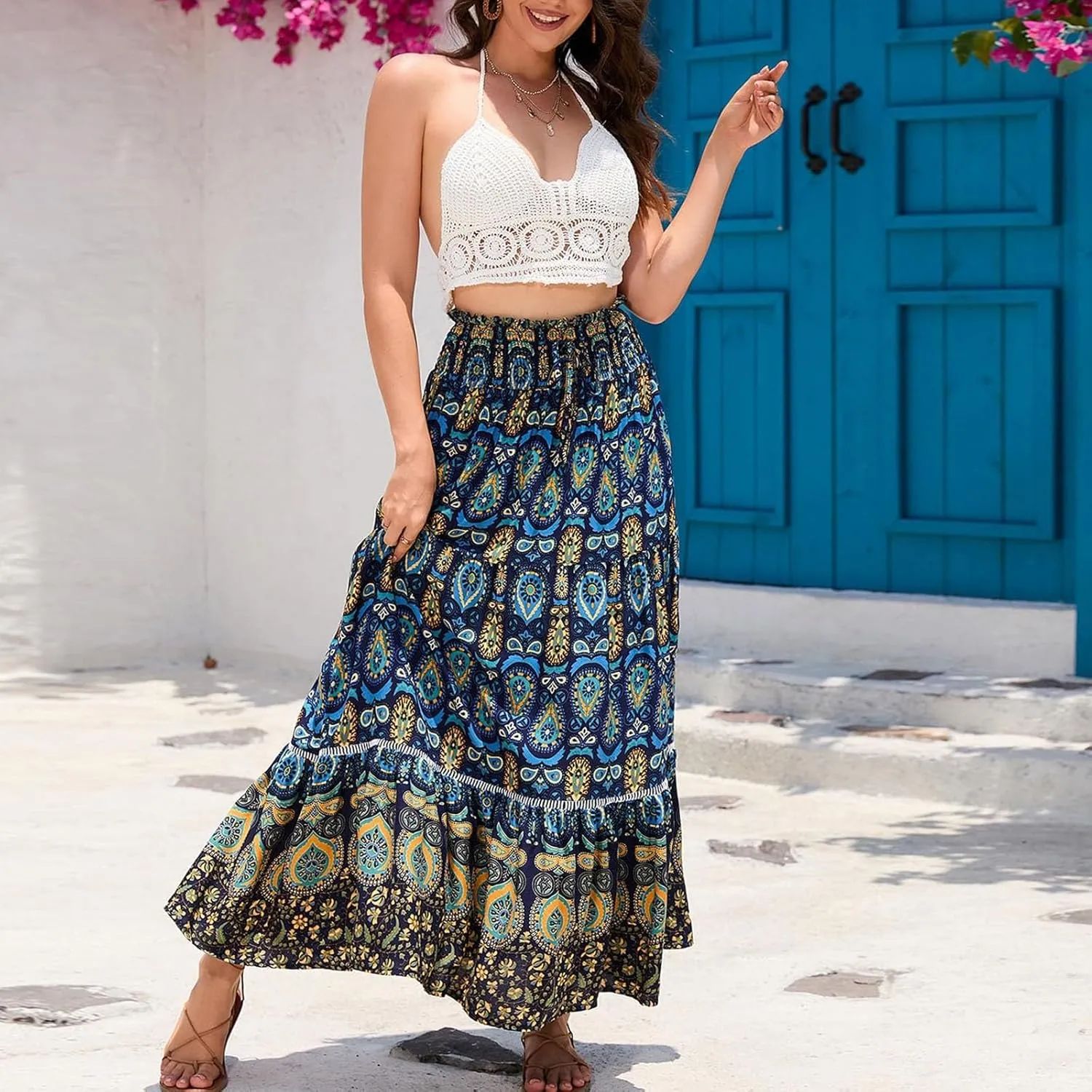Floral Boho Maxi Skirt for Women Summer Flowy Long Skirt Comfy Pleated Vacation Beach Color Block A-Line Skirts