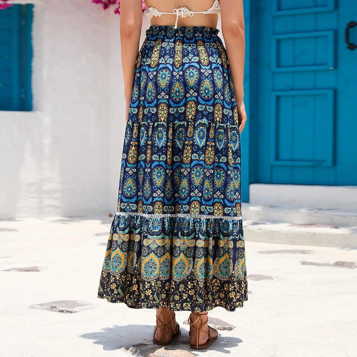 Floral Boho Maxi Skirt for Women Summer Flowy Long Skirt Comfy Pleated Vacation Beach Color Block A-Line Skirts