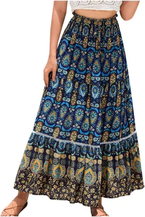 Floral Boho Maxi Skirt for Women Summer Flowy Long Skirt Comfy Pleated Vacation Beach Color Block A-Line Skirts