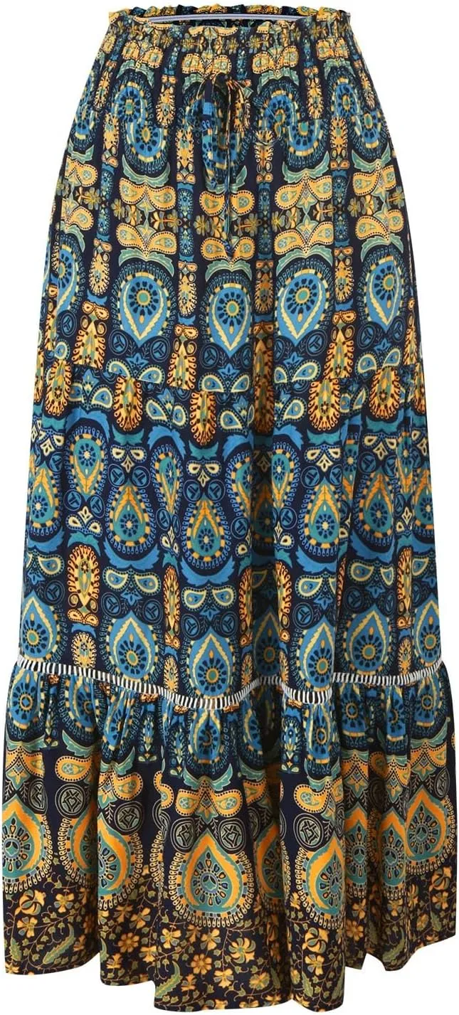 Floral Boho Maxi Skirt for Women Summer Flowy Long Skirt Comfy Pleated Vacation Beach Color Block A-Line Skirts