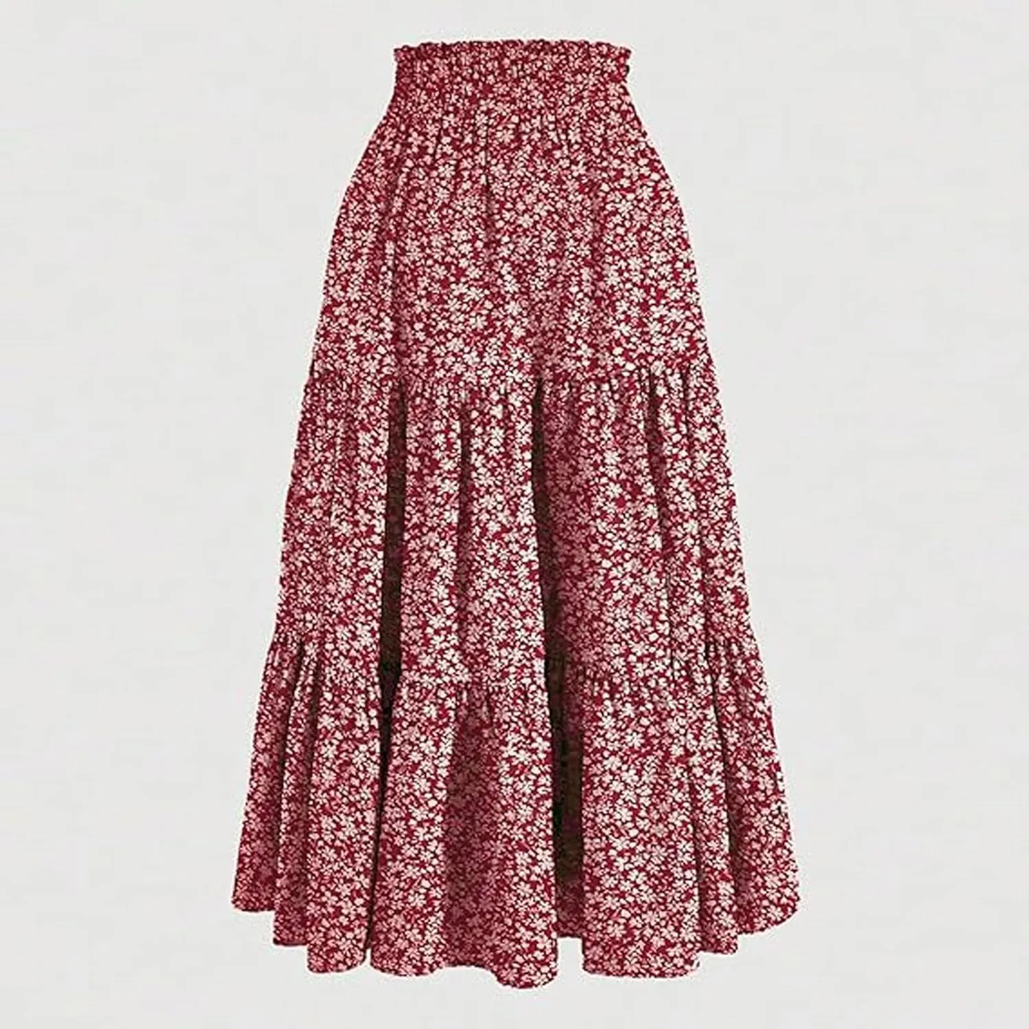 Floral Print Midi Skirt for Women Summer Trendy Drawstring Waisted Vacation Beach Skirts Casual Comfy Tiered Skirt