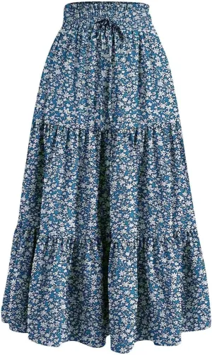 Floral Print Midi Skirt for Women Summer Trendy Drawstring Waisted Vacation Beach Skirts Casual Comfy Tiered Skirt