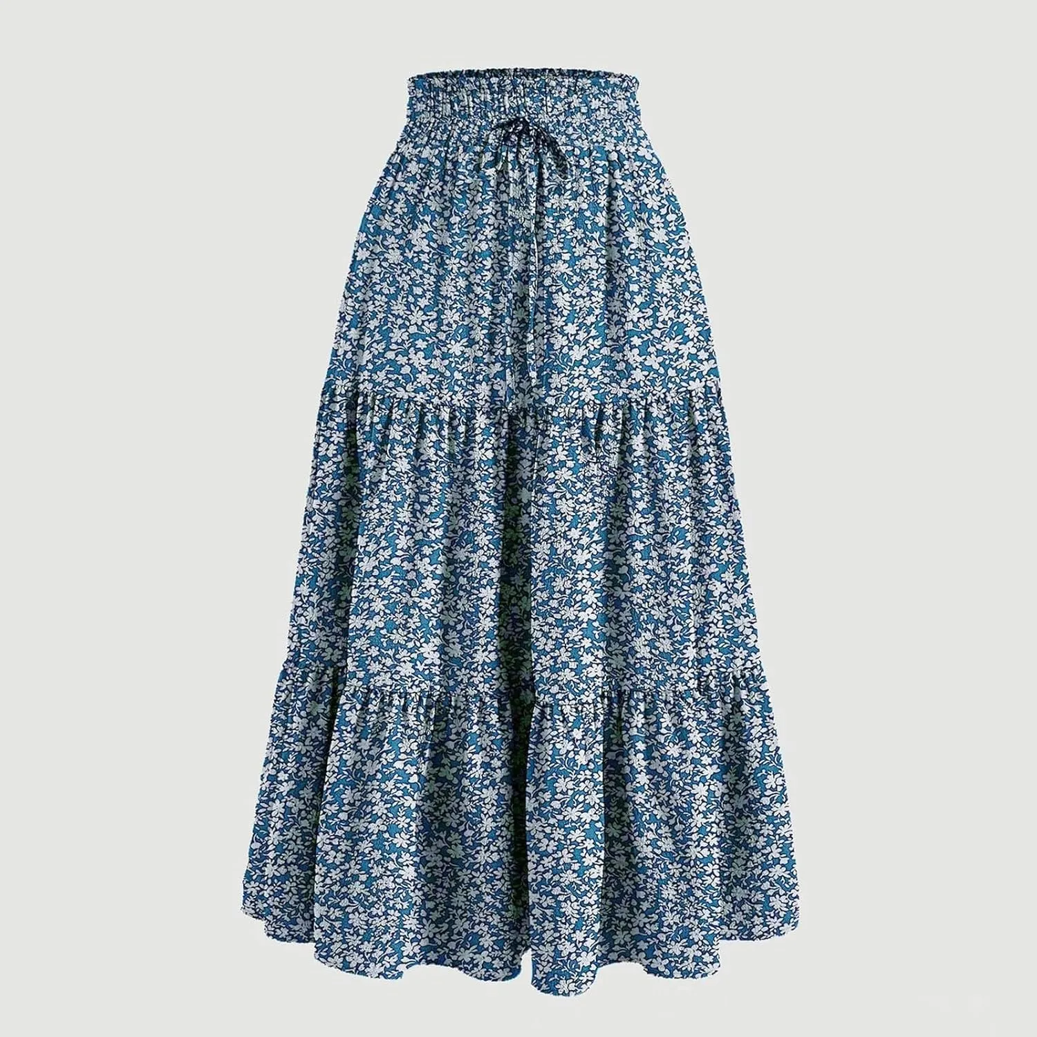 Floral Print Midi Skirt for Women Summer Trendy Drawstring Waisted Vacation Beach Skirts Casual Comfy Tiered Skirt
