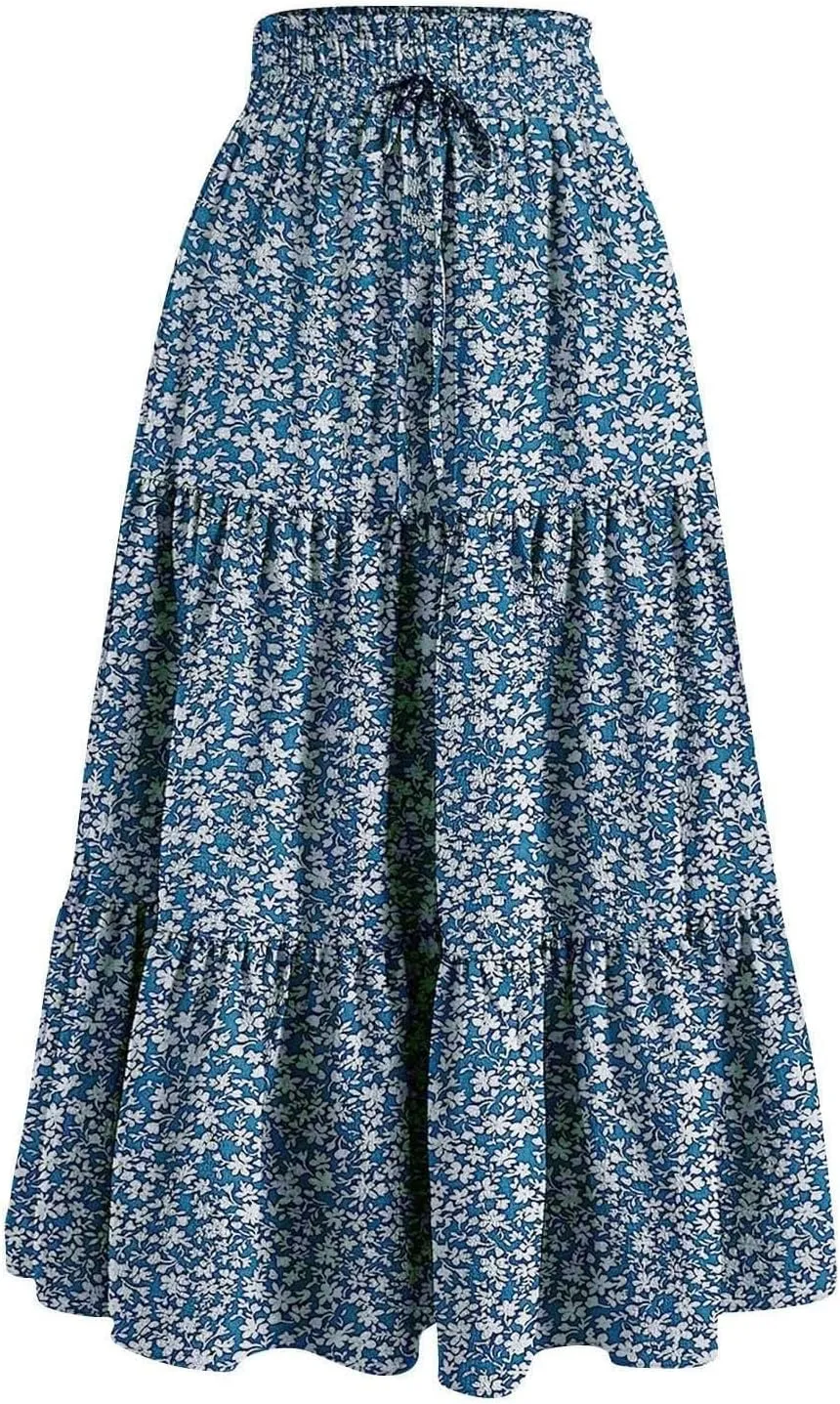 Floral Print Midi Skirt for Women Summer Trendy Drawstring Waisted Vacation Beach Skirts Casual Comfy Tiered Skirt