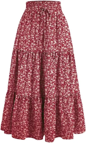 Floral Print Midi Skirt for Women Summer Trendy Drawstring Waisted Vacation Beach Skirts Casual Comfy Tiered Skirt