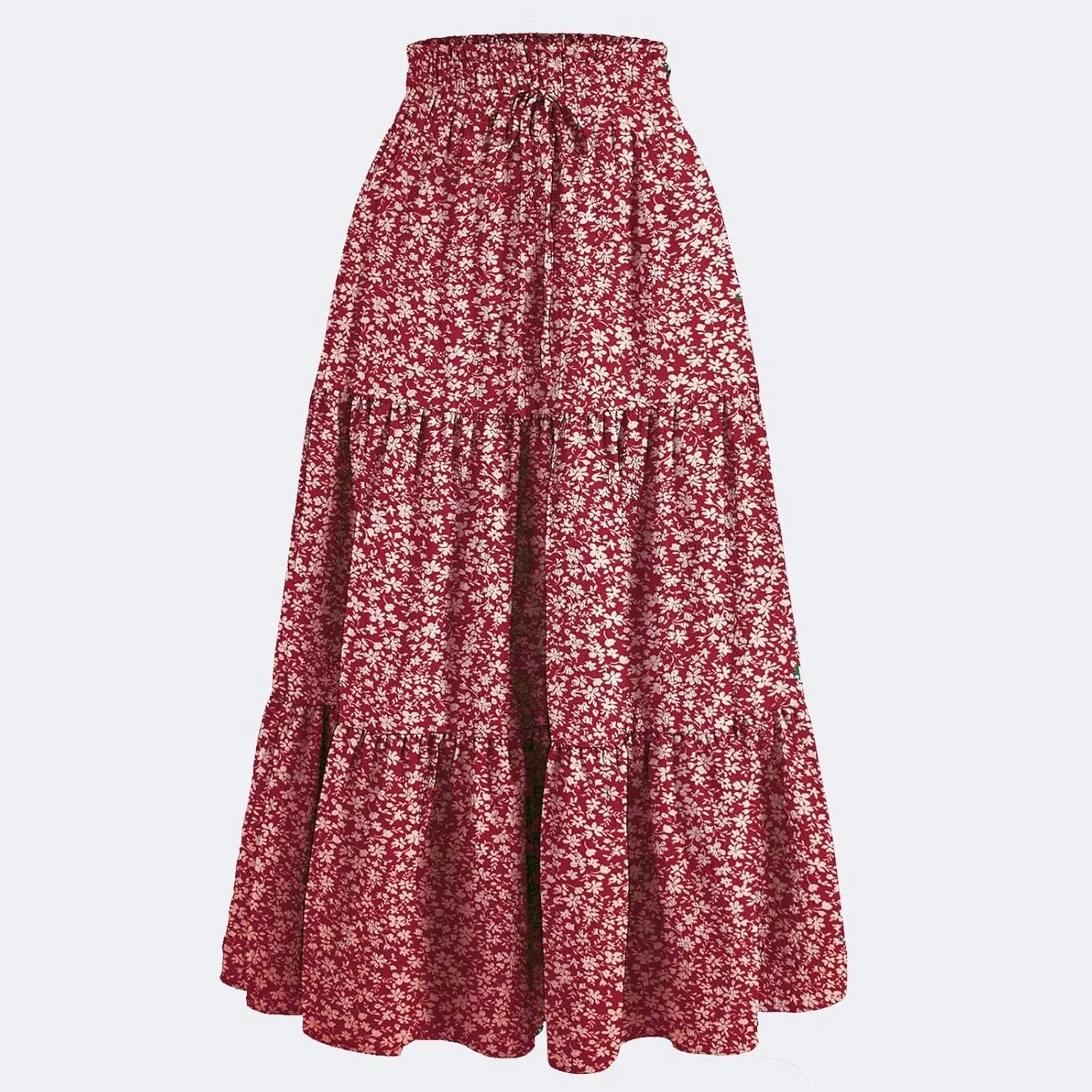 Floral Print Midi Skirt for Women Summer Trendy Drawstring Waisted Vacation Beach Skirts Casual Comfy Tiered Skirt