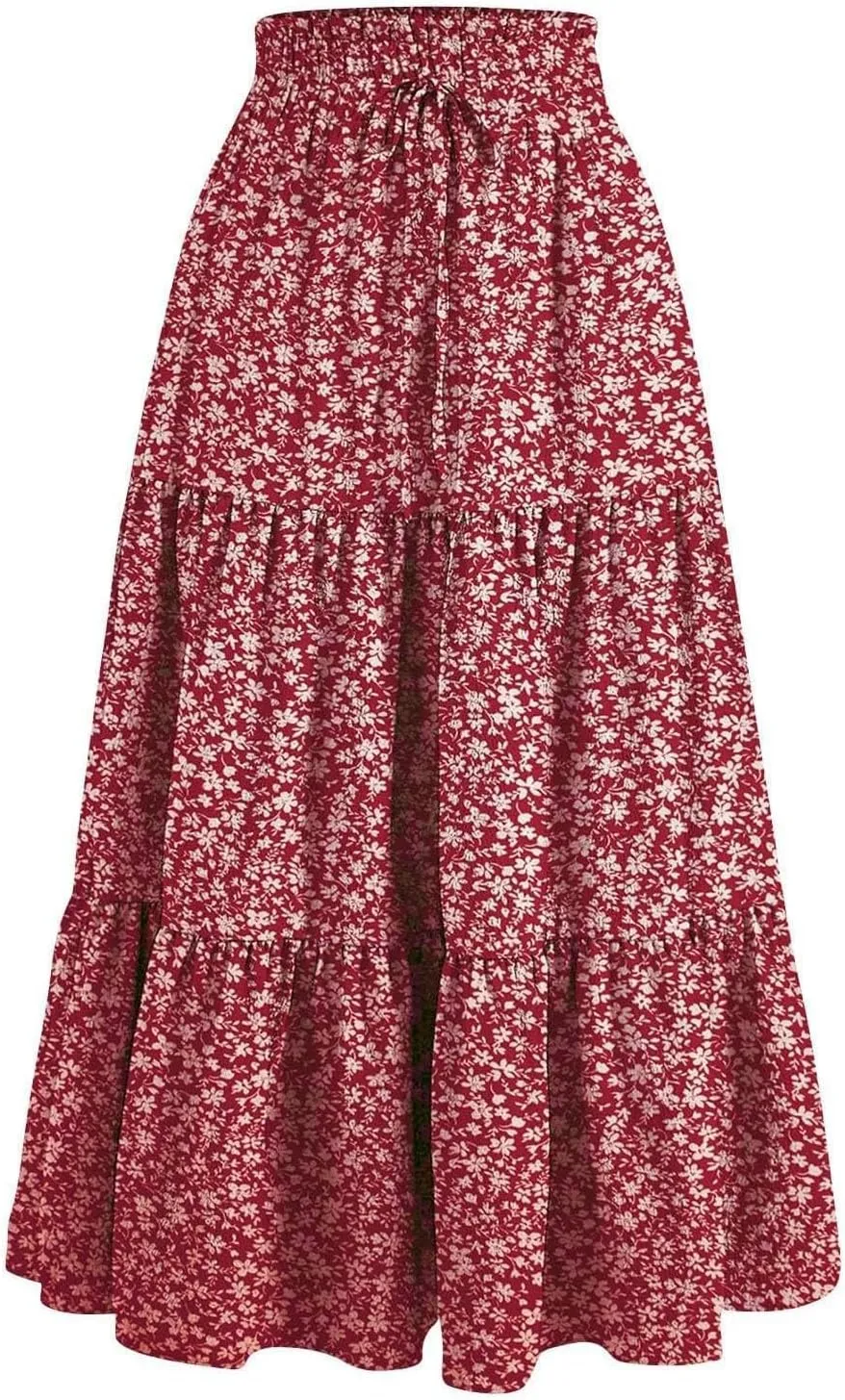 Floral Print Midi Skirt for Women Summer Trendy Drawstring Waisted Vacation Beach Skirts Casual Comfy Tiered Skirt
