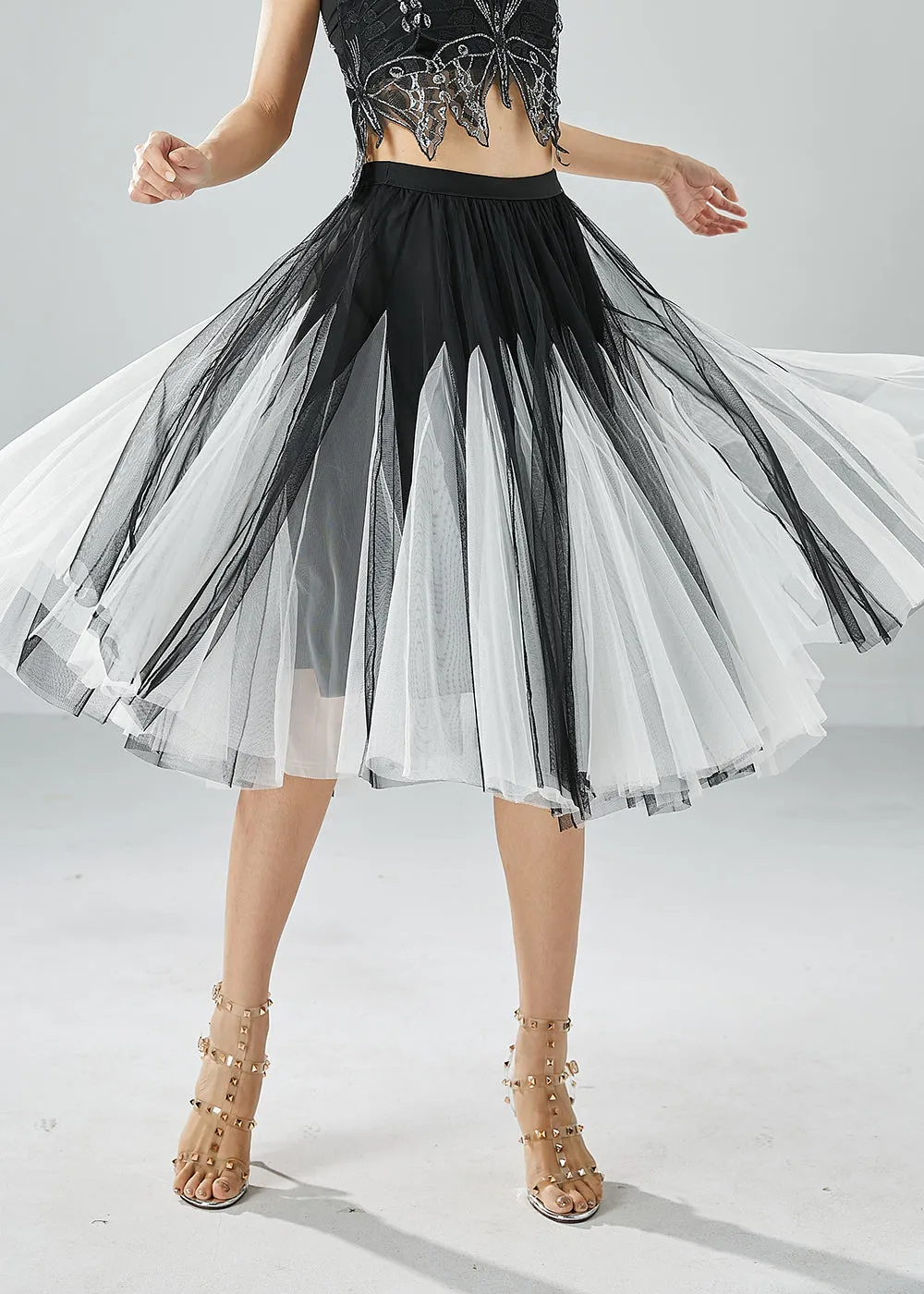 French Black White Patchwork Exra Large Hem Tulle Pleated Skirts Summer LY6057