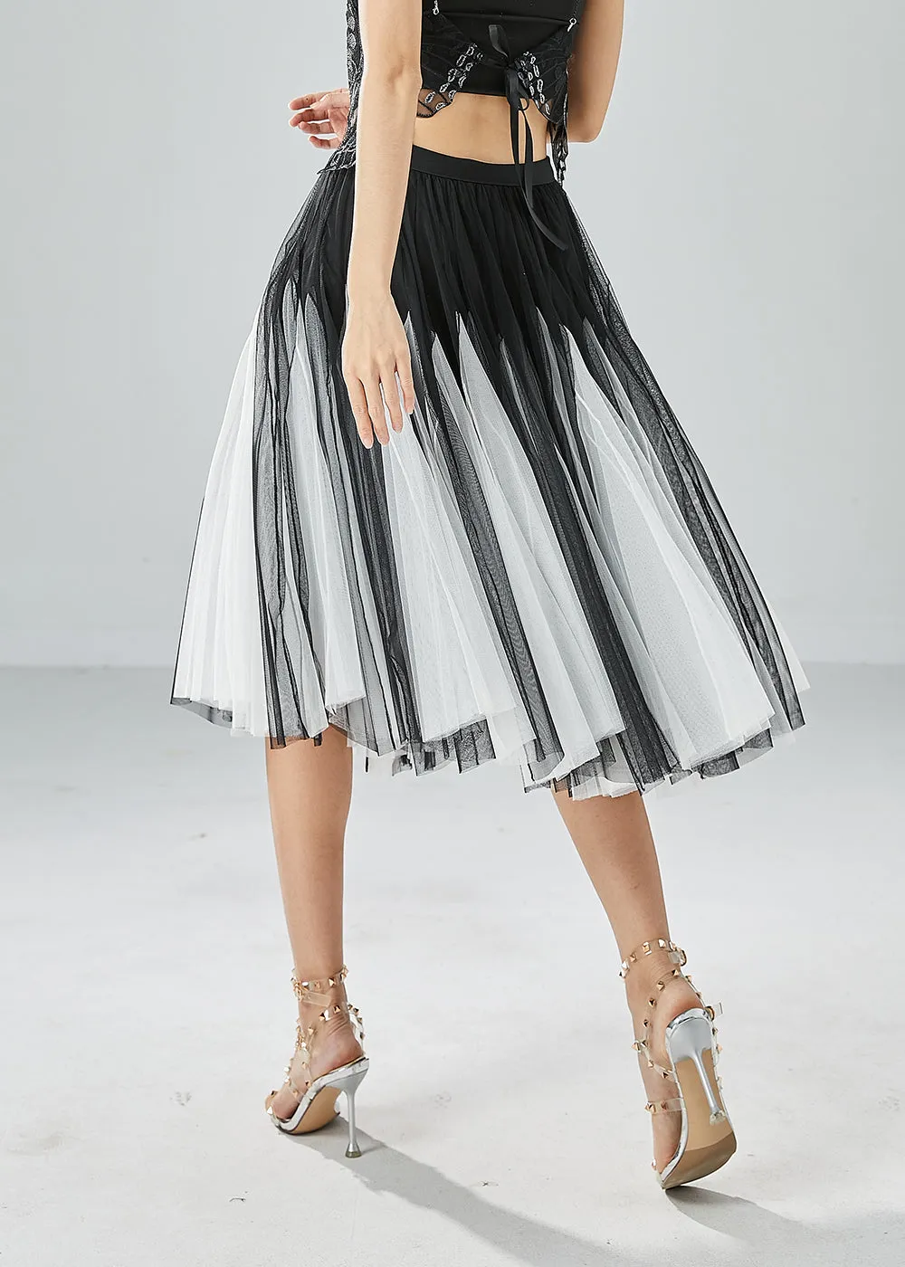 French Black White Patchwork Exra Large Hem Tulle Pleated Skirts Summer LY6057