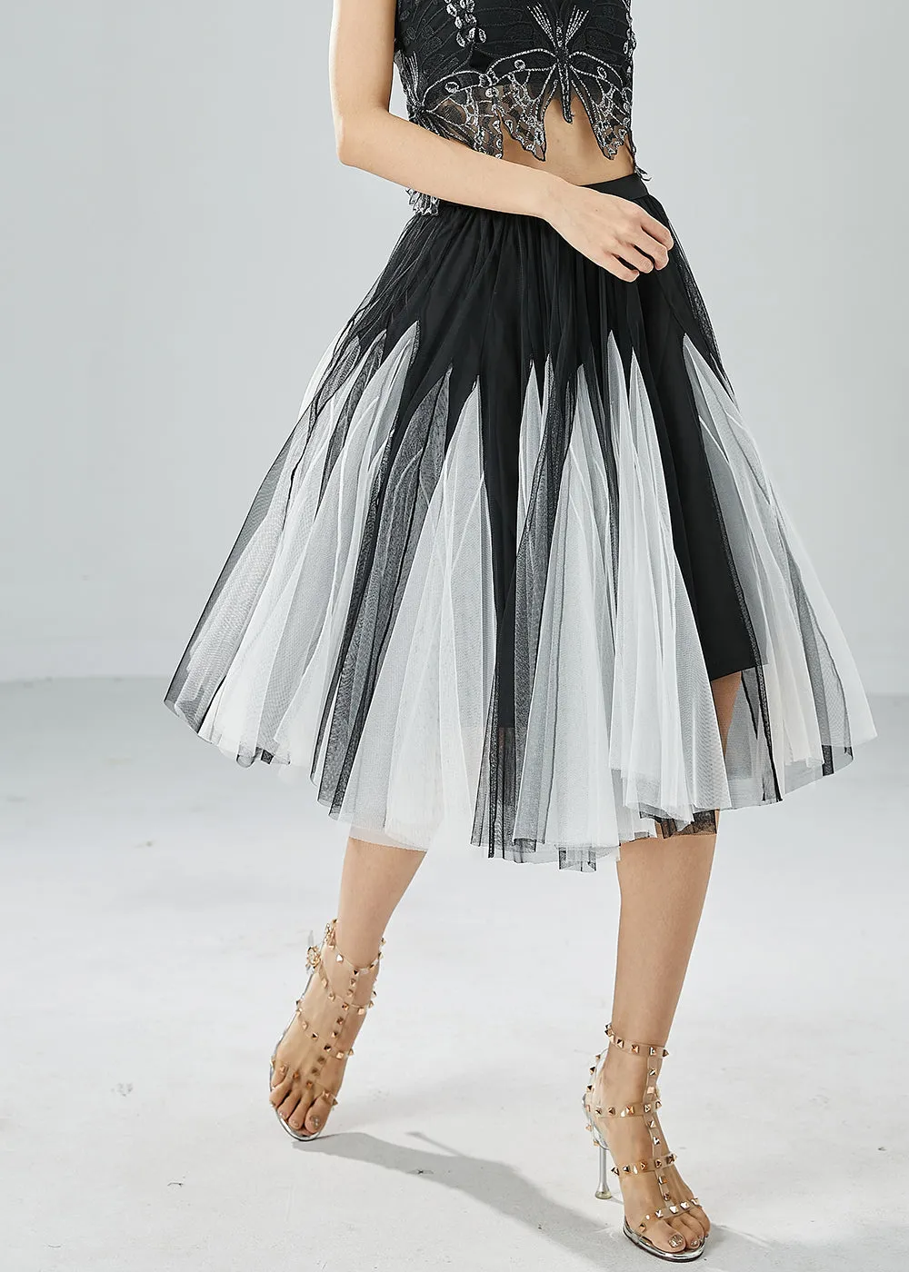 French Black White Patchwork Exra Large Hem Tulle Pleated Skirts Summer LY6057