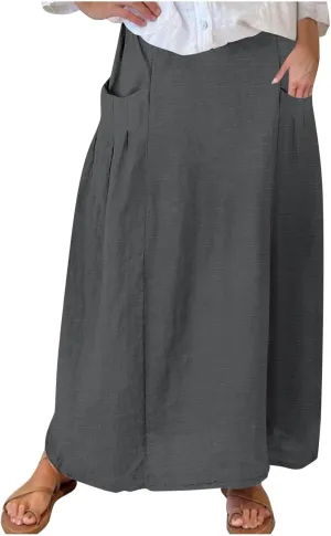 FZYLQY Womens High Waist Maxi Skirts Casual Loose Fit Flowy Swing Pleated A Line Long Skirts Solid Color Skirts with Pocket