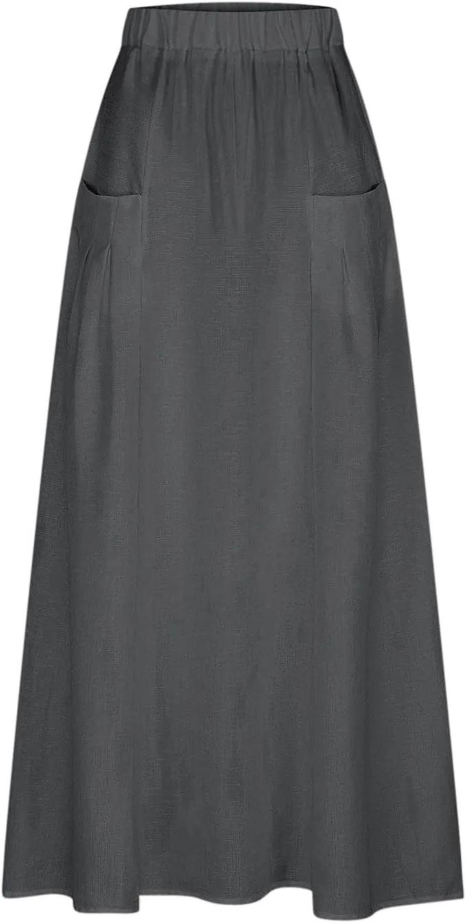 FZYLQY Womens High Waist Maxi Skirts Casual Loose Fit Flowy Swing Pleated A Line Long Skirts Solid Color Skirts with Pocket