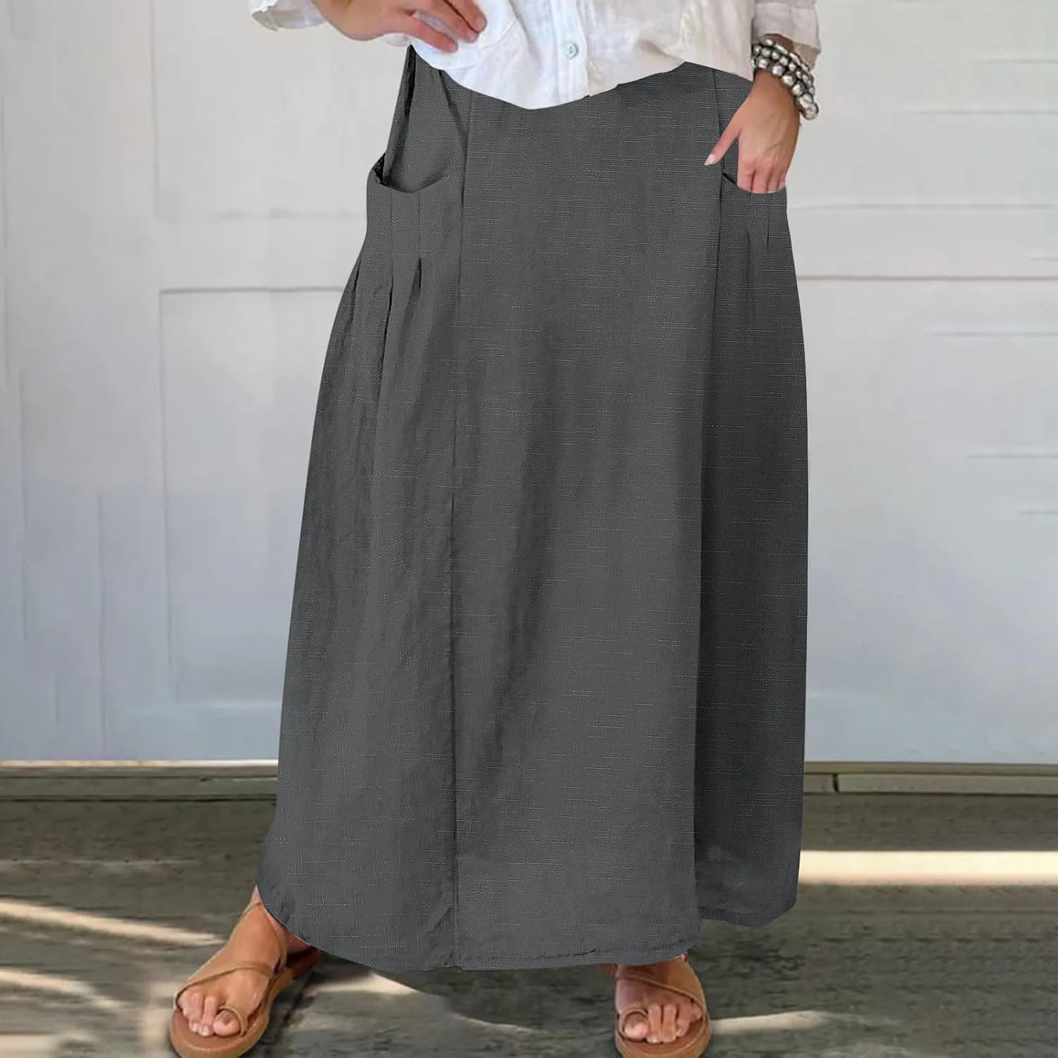 FZYLQY Womens High Waist Maxi Skirts Casual Loose Fit Flowy Swing Pleated A Line Long Skirts Solid Color Skirts with Pocket