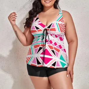 Get Ready to Make Waves in Our Geometric Plus Size Tankini with Shorts