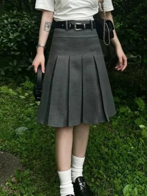 Girlary Solid Waist Women Pleated Skirt Summer Preppy Style Female Skirts Street Casual Loose Ladies Folds Faldas De Mujer